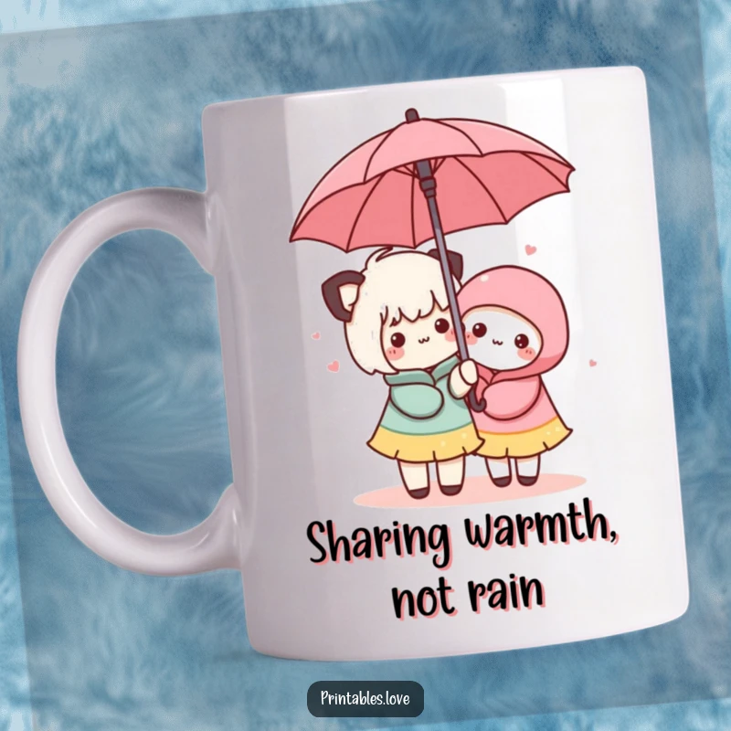 Funny Kawaii Umbrella Mug: Two cute characters sharing an umbrella, smiling warmly during a gentle rain shower.