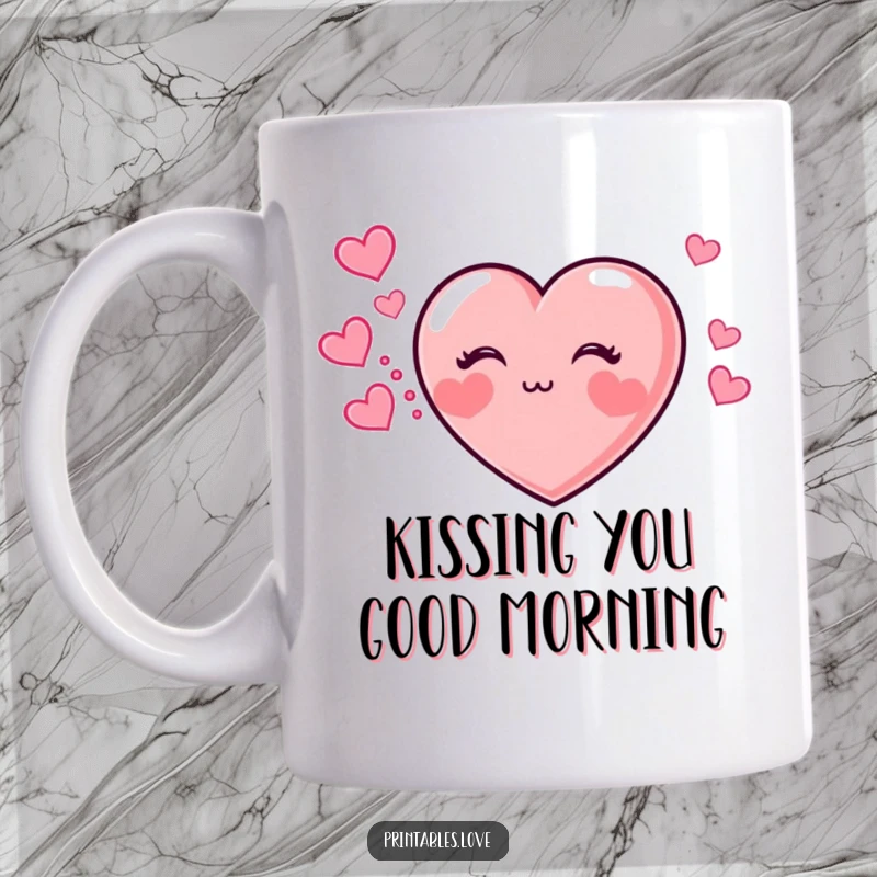 Funny mug with a cute heart character, chubby cheeks puffed, blowing a kiss and leaving a trail of smaller hearts.