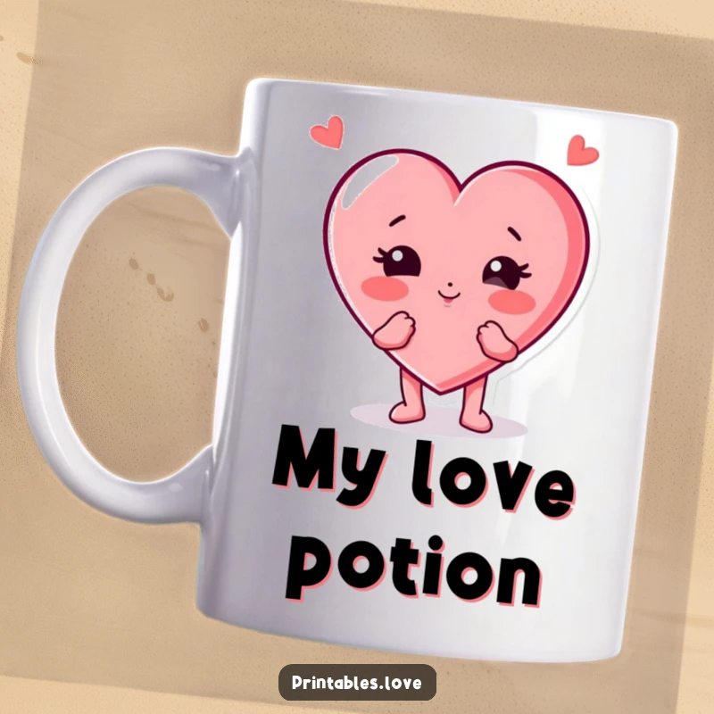 Funny kissing heart character mug with puffed-out cheeks, playfully blowing a kiss, conveying sweet and cheerful emotion.