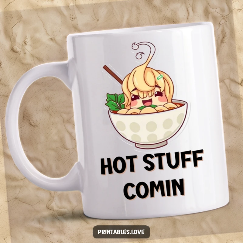 Funny ramen bowl mug with a cheerful character and hilariously rising steam, representing warm food and good times.