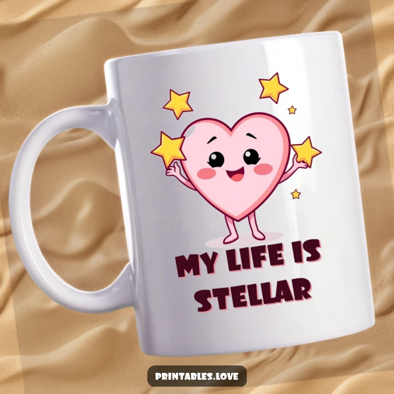 Funny mug showing a heart character with a wide, cheeky grin expertly juggling three bright, sparkling stars.