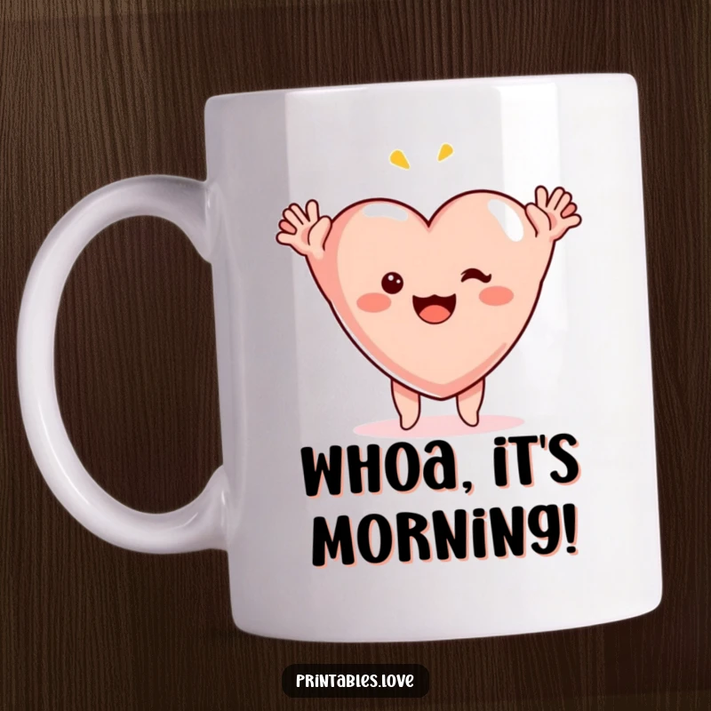 Funny surprise heart mug, arms thrown up in ecstatic, happy shock, a cute and comical illustration for gift-givers.