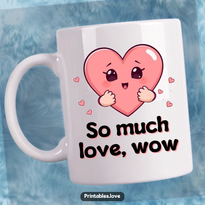 Funny mug showing a heart character holding smaller hearts in its little hands, with a wide-eyed, surprised expression.