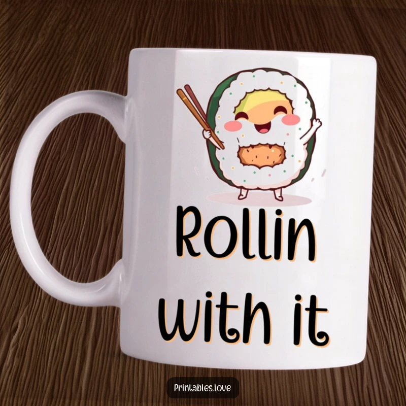 Funny sushi roll mug with a smiling character dancing joyfully with chopsticks, celebrating Japanese food and fun.
