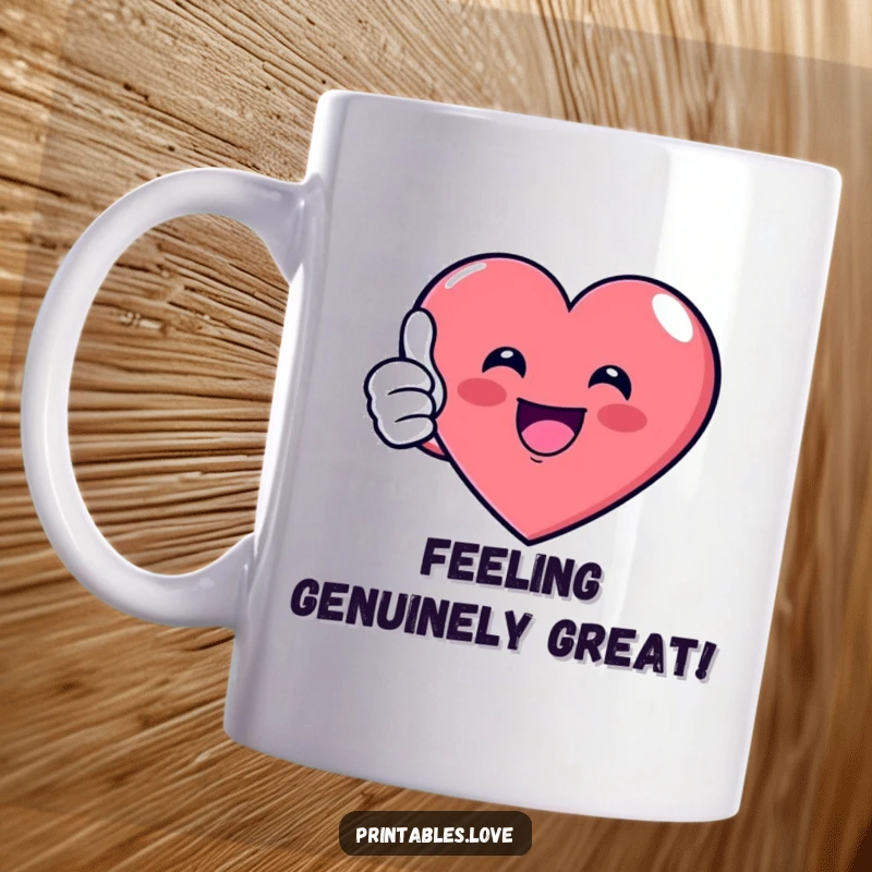 Funny Mug with a cartoon heart enthusiastically giving a thumbs up, radiating joy and positivity, perfect for a cheerful gift.