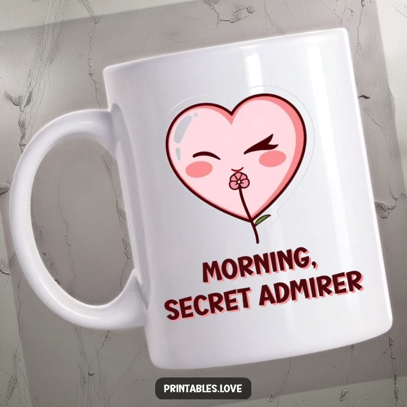 Funny winking heart mug, a cute character with a sly wink, holding a small flower, conveying playful mischief.