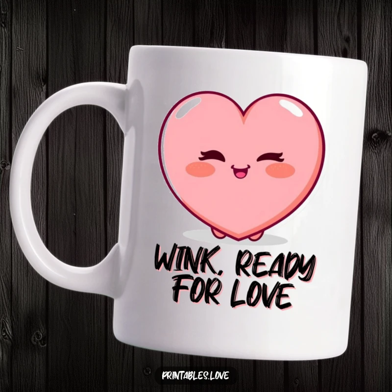 Funny Mug showcasing a plump heart character playfully winking with a rosy blush, exuding a charming and slightly mischievous demeanor.
