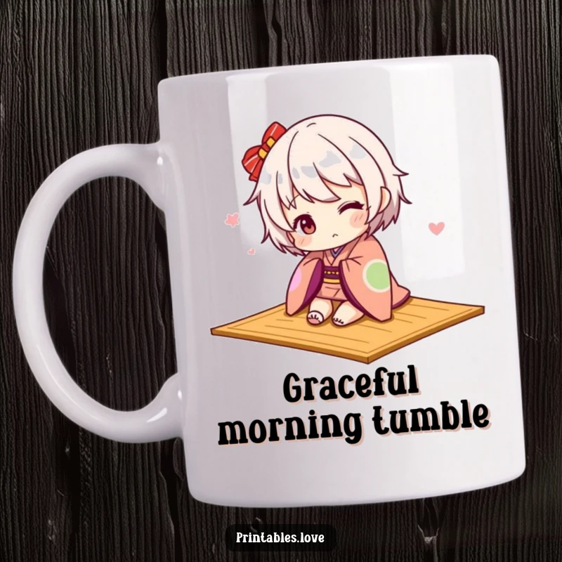 Funny Kawaii character in a kimono playfully tripping over a mat, cute and comical, perfect gift.