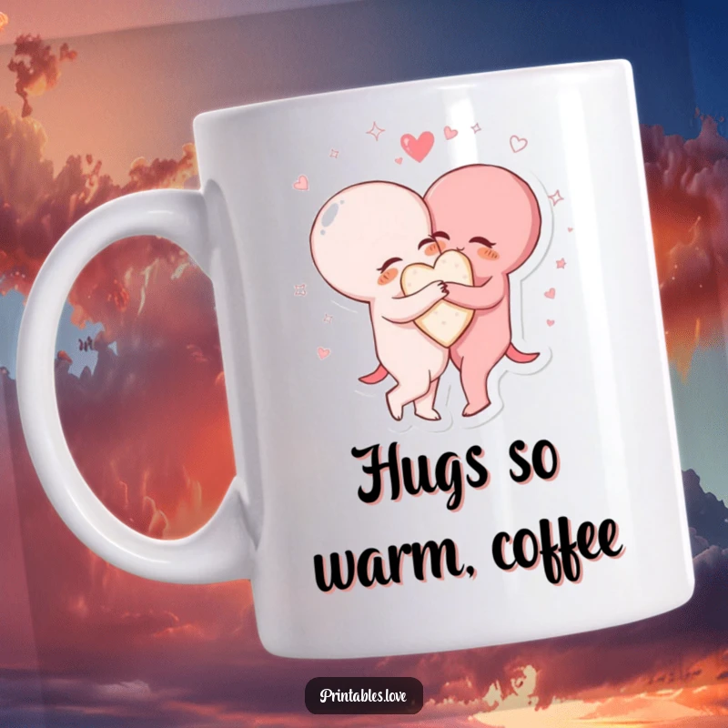 Funny mug featuring two adorable heart characters hugging tightly amidst sparkling, swirling lines, symbolizing deep affection.