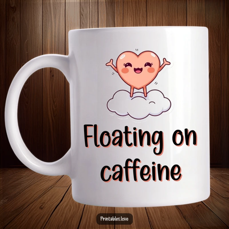 Funny mug with a tiny, round heart character joyfully bouncing on a cloud with arms outstretched, symbolizing pure happiness.