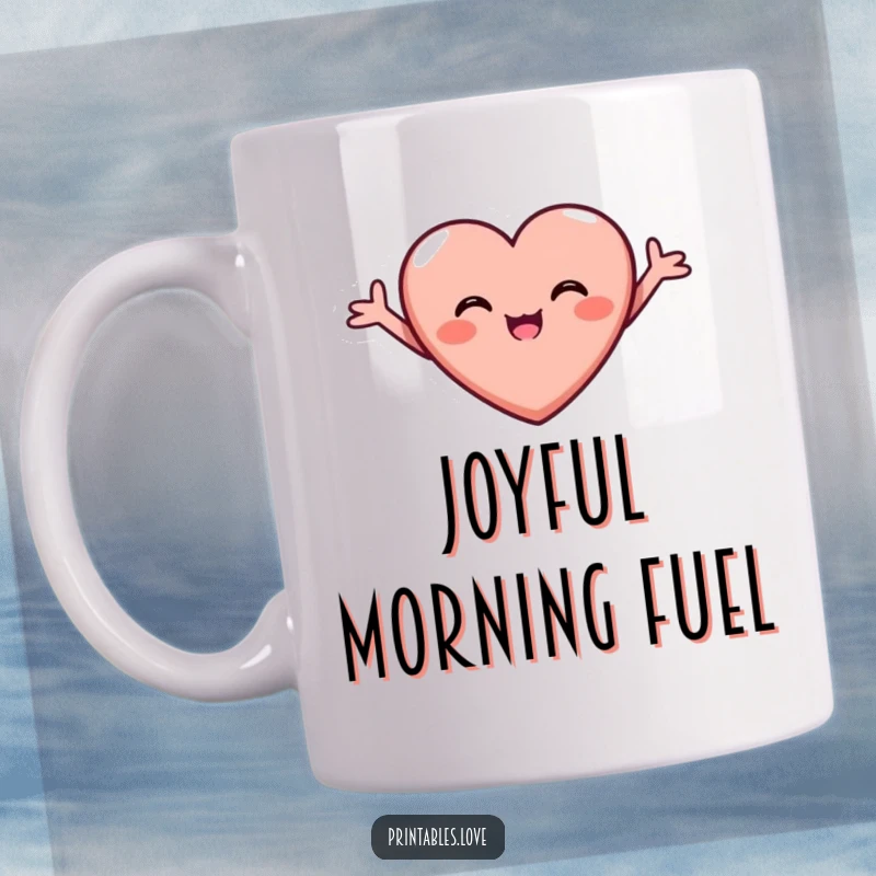 Funny Joyful Heart Mug with arms outstretched, beaming with pure, infectious joy and radiating happiness to everyone around it.
