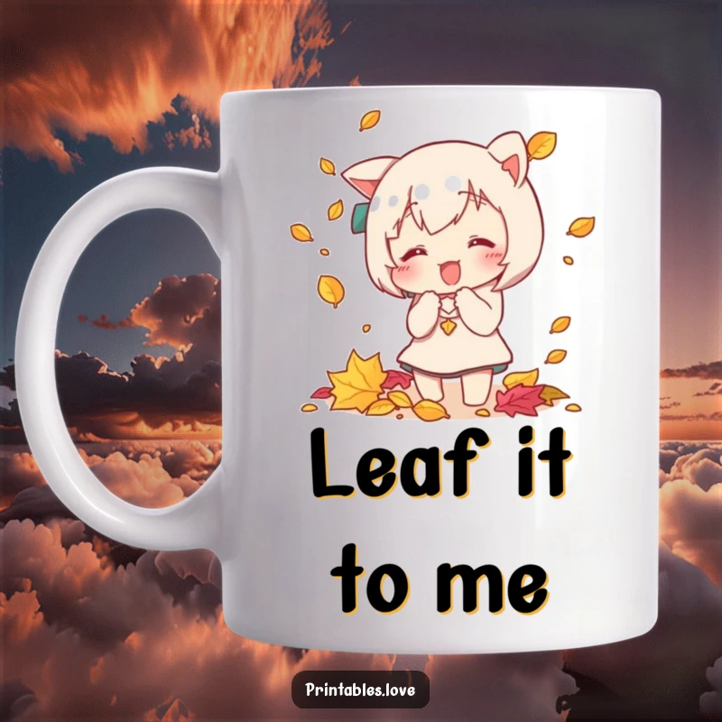 Funny Kawaii autumn mug featuring a cute character leaping to catch falling red and yellow leaves with a joyful expression.