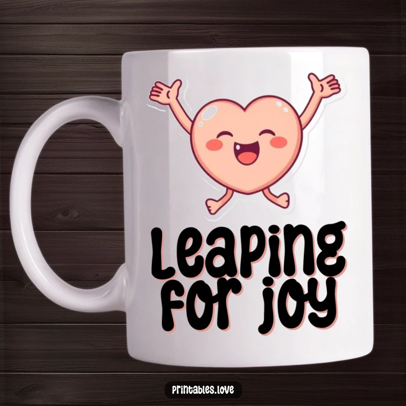 Funny Mug showcasing a small, round heart character joyfully leaping high with arms outstretched in pure elation and happiness.