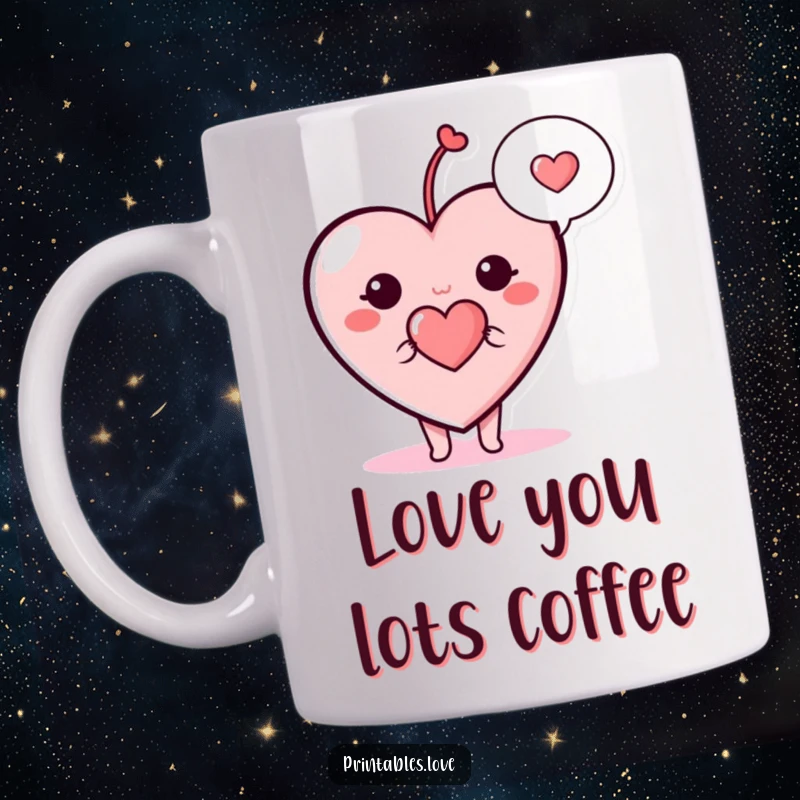 Funny heart mug, a cute cartoon heart character with a speech bubble containing a smaller heart, expressing affection.