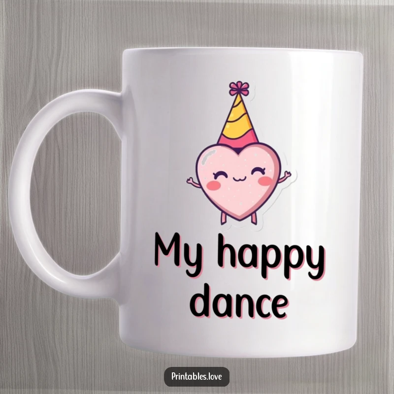 Funny mug showing a tiny heart in a party hat gleefully spinning, radiating pure birthday celebration and excitement.