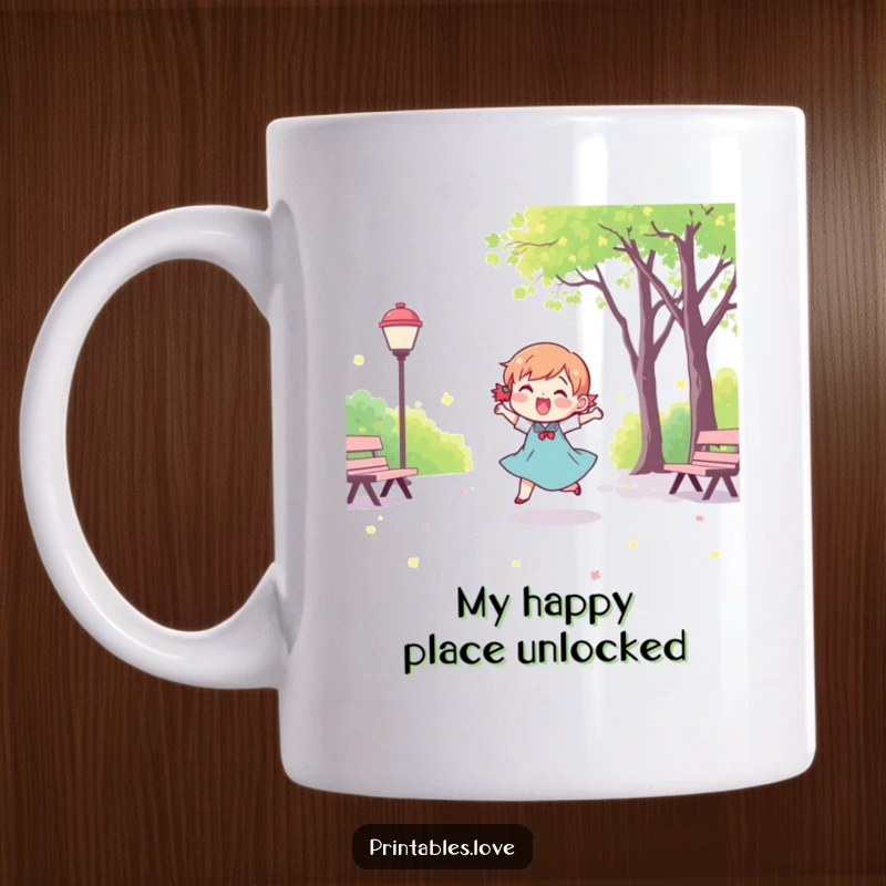 Funny Kawaii Dancing Character Mug: A cute, happy character twirling with joy in a sunny park setting, spreading smiles.