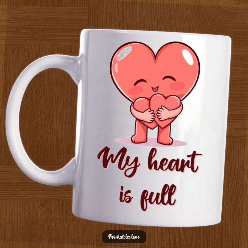 Funny Mug showing a big heart character giving a warm, loving hug to a small heart character in a sweet embrace.