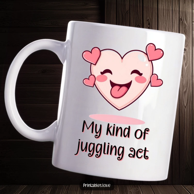 Funny mug featuring a playful heart with tongue out, expertly juggling smaller hearts, symbolizing fun and affection.