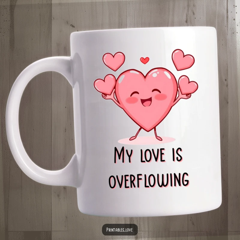 Funny mug showing a gleeful heart character expertly juggling three smaller hearts with a bright, happy expression.