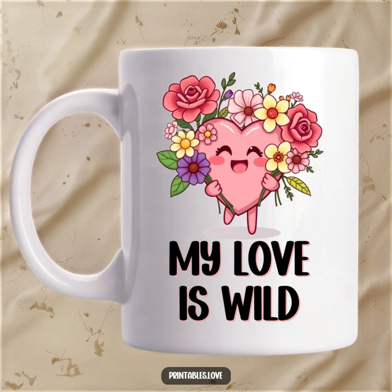 Funny mug featuring a heart character joyfully presenting a chaotic yet charming bouquet of assorted flowers.