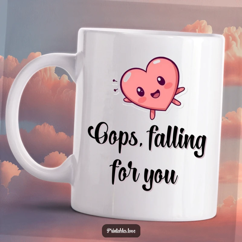 Funny tumbling heart character mug, expressing surprise while falling head over heels, conveying a hilarious and relatable moment.