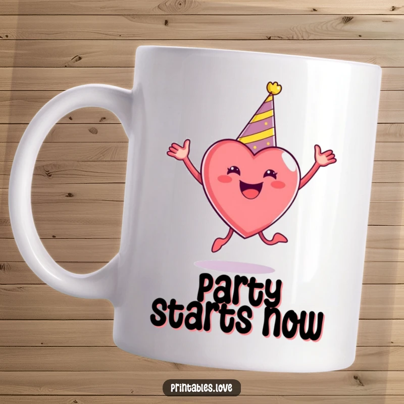 Funny Party Heart Mug wearing a party hat, enthusiastically jumping with pure excitement and ready to celebrate any event.
