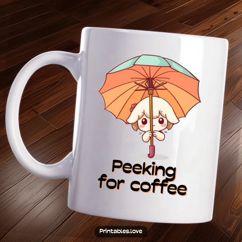 Funny Mug with a Kawaii character peeking shyly from behind a large umbrella, evoking curiosity and cuteness, great for introverts.