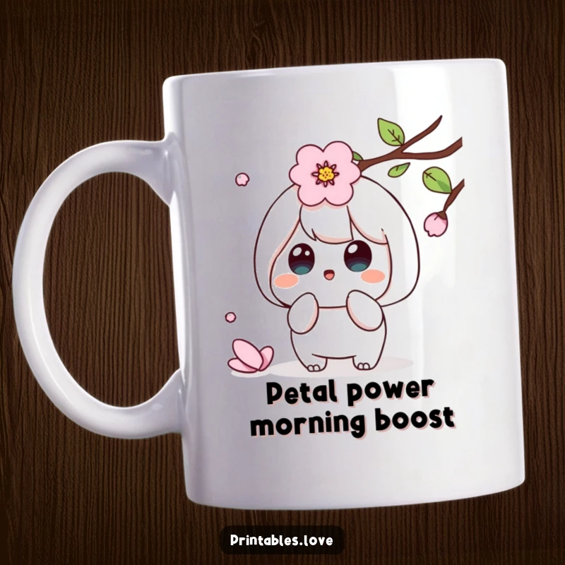 Funny Kawaii mug showing a cute character surprised by a falling cherry blossom petal, looking wide-eyed and sweet.