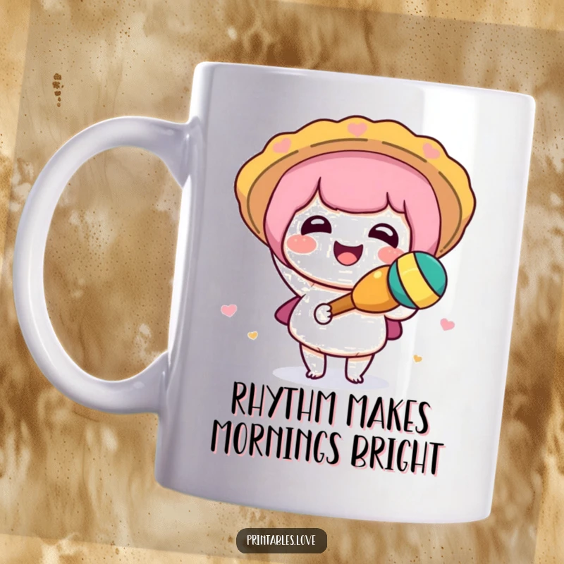 Funny Kawaii mug with a cute character joyfully shaking a maraca, radiating happiness and festive energy.