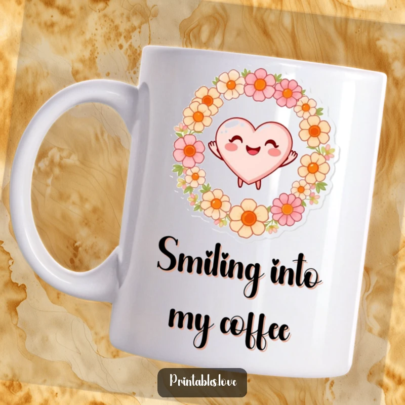 Funny mug showing a happy heart with a beaming smile, joyfully dancing amidst a circle of colorful flowers.