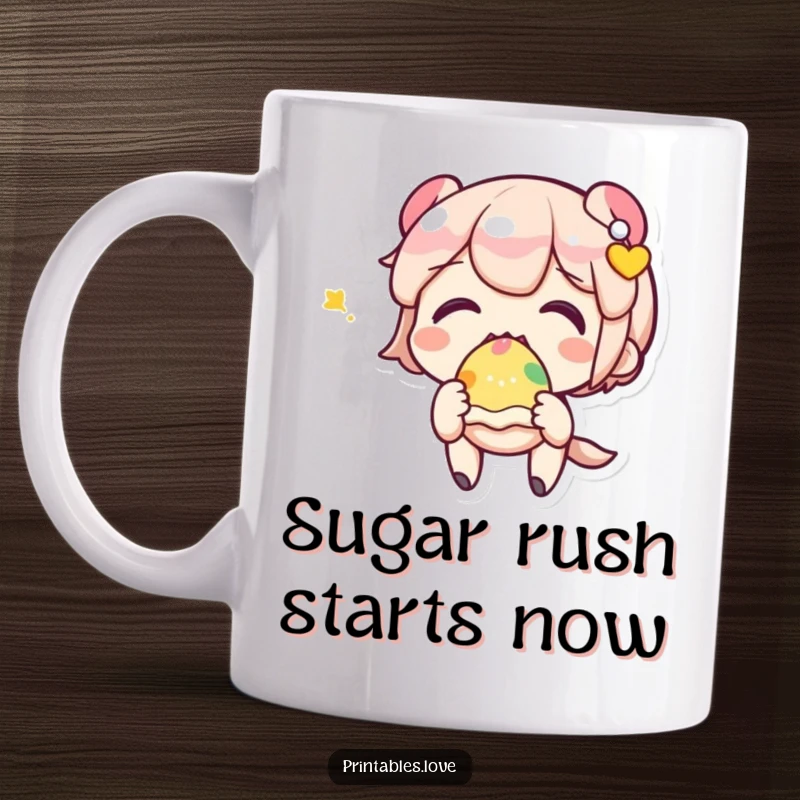 Adorable Kawaii character with big eyes, excitedly eating a vibrant, colorful sweet treat on a mug.