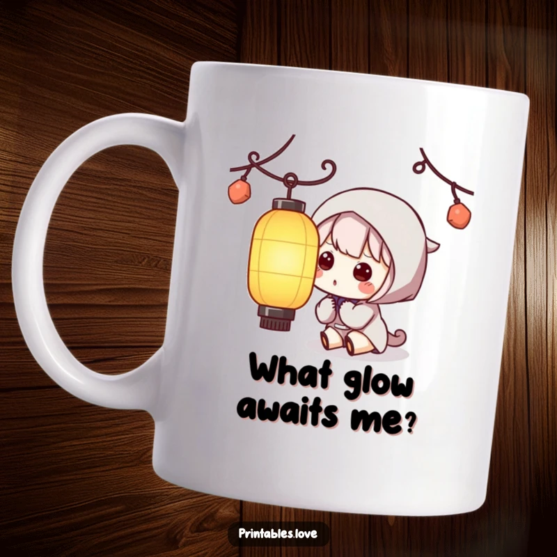 Funny Kawaii Lantern Mug: A cute character peeking curiously at a softly glowing paper lantern, evoking wonder.