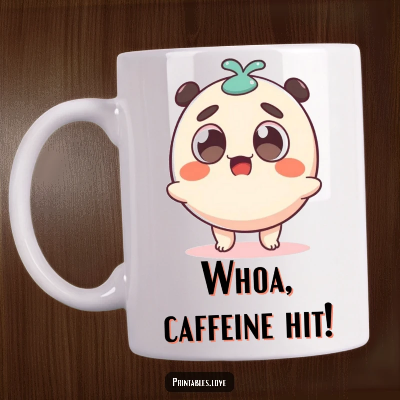 Funny surprised dango character with big eyes, wobbling excitedly on a mug, perfect for coffee lovers.