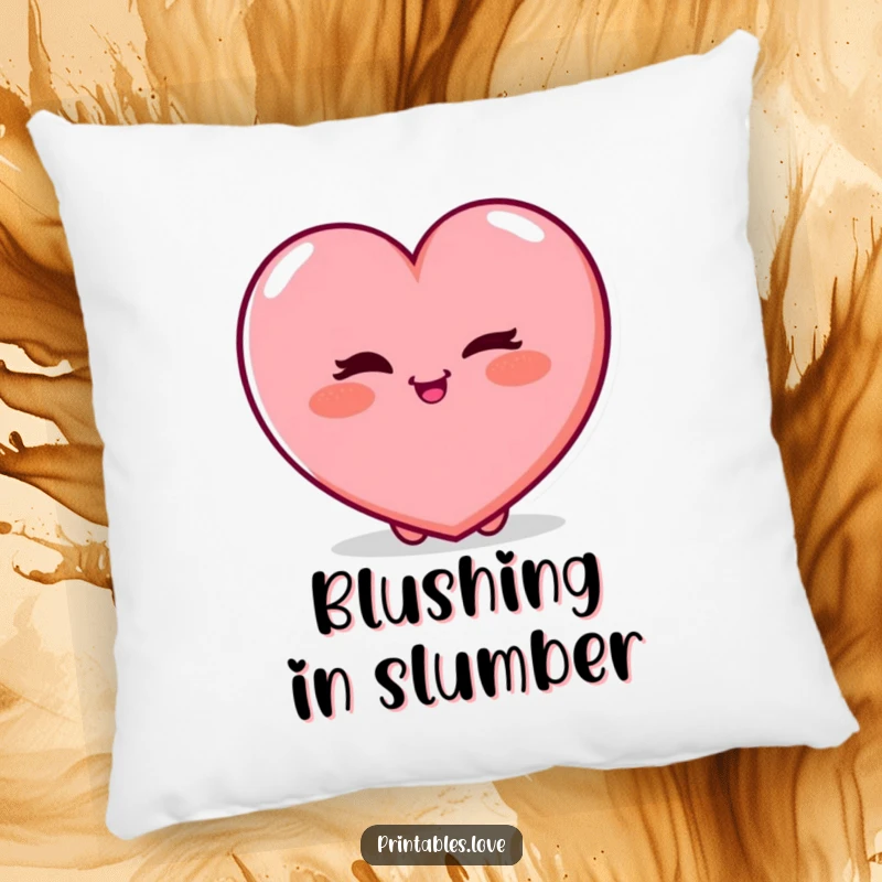 Funny Pillow depicting a plump heart character playfully winking with a rosy blush, offering a soft and charmingly mischievous touch.