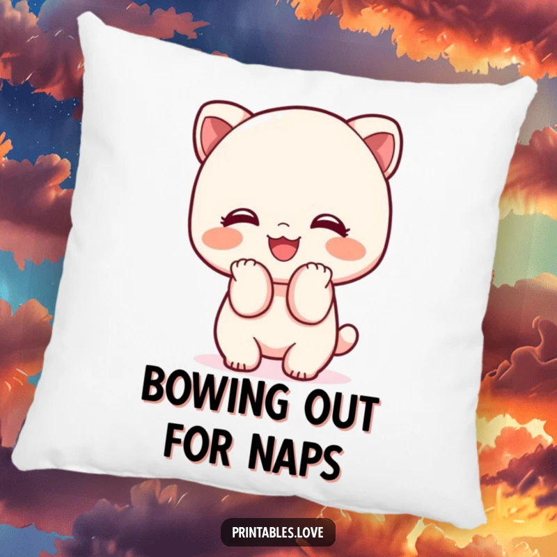 Funny Kawaii pillow showing a cute character bowing with a big smile, offering comfort and politeness.