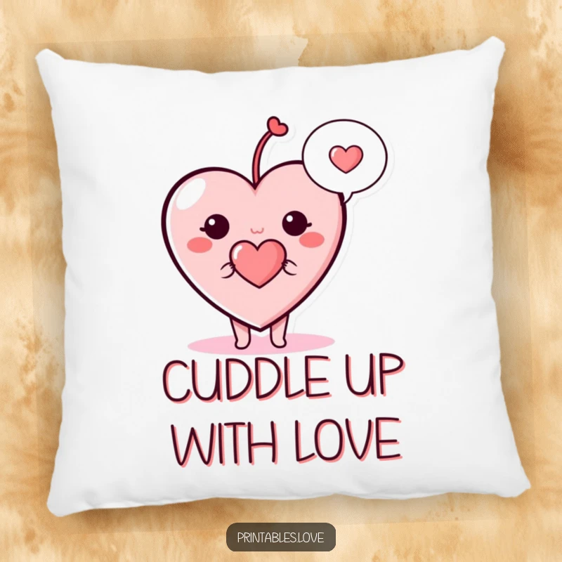 Funny heart pillow, a cute cartoon heart character with a speech bubble containing a small heart, perfect for cuddling.
