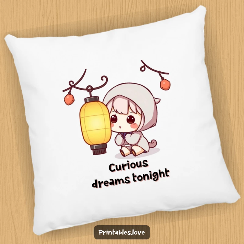 Funny Kawaii Lantern Pillow: A plush pillow with a cute character showing gentle curiosity towards a paper lantern.