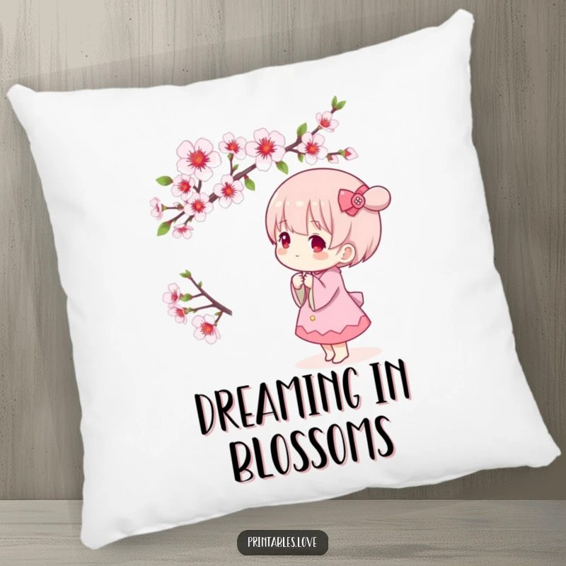 Funny Kawaii pillow with a cute character gently admiring a blooming cherry blossom branch, providing cozy spring-themed comfort.
