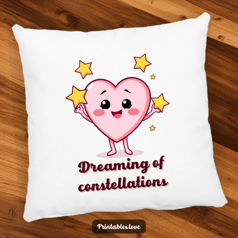 Funny pillow featuring a heart character with a cheeky grin, expertly juggling three sparkling stars.