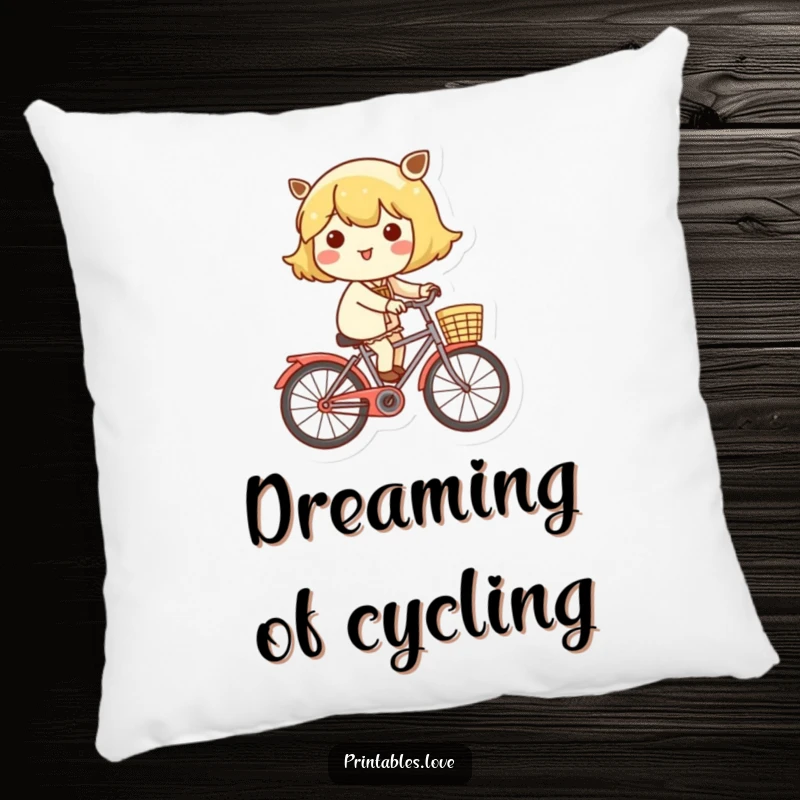 Funny pillow showcasing a Kawaii character happily riding a bicycle with a basket, adding a touch of whimsy.