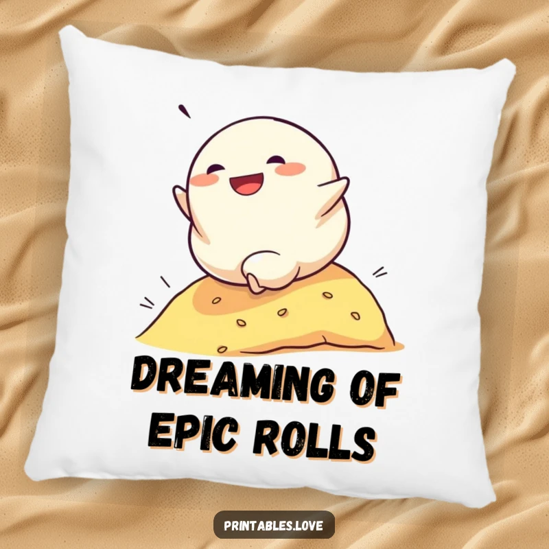 Funny pillow showcasing a determined dumpling character rolling down a hill with glee, adding a touch of playful motivation to any room.