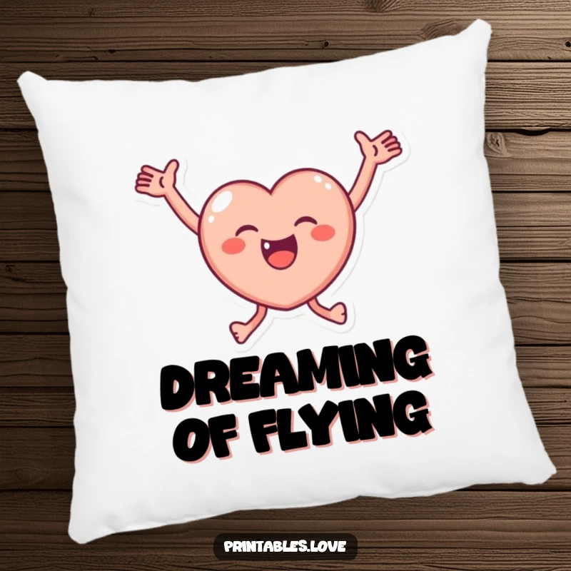 Funny Pillow depicting a small, round heart character joyfully leaping with arms wide open, offering a soft and heartwarming touch.