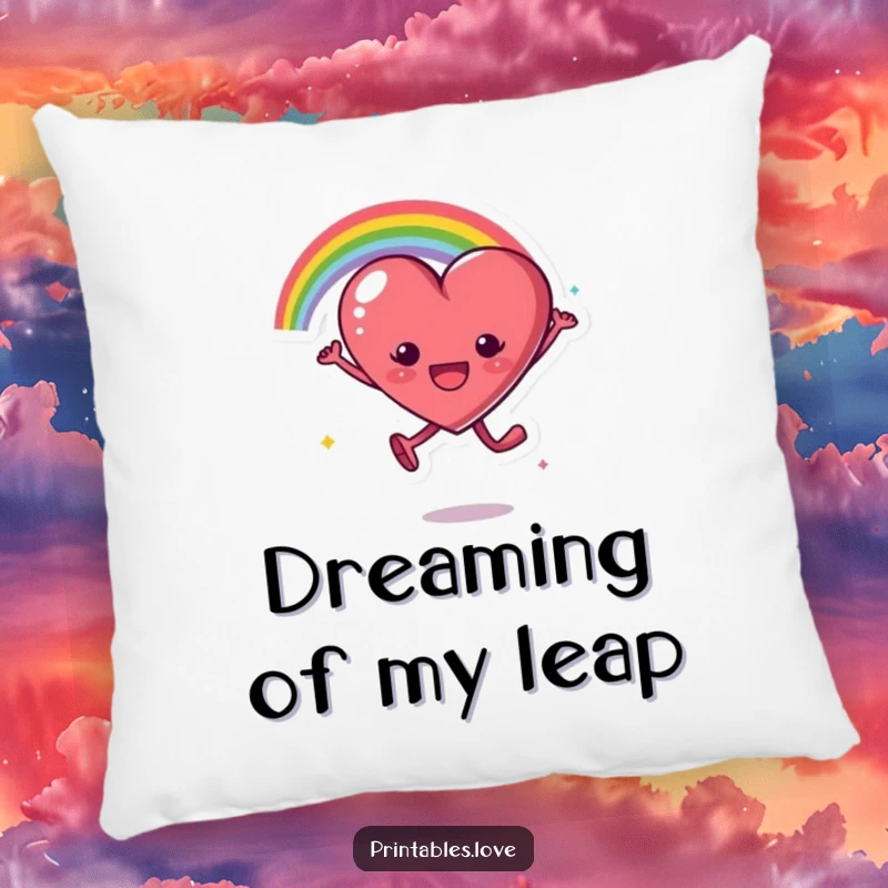 Funny pillow design of a heart character leaping with excitement, trailing a colorful rainbow arc, embodying pure happiness.
