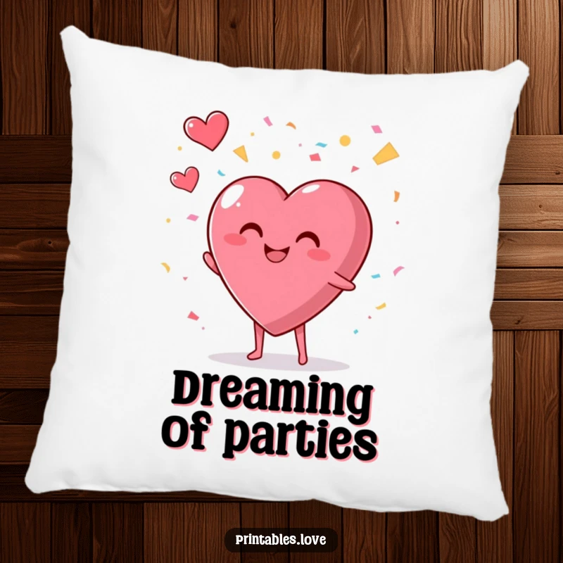 Funny pillow with a smiling, plump heart character enthusiastically throwing confetti into the air, perfect for cozy decor.