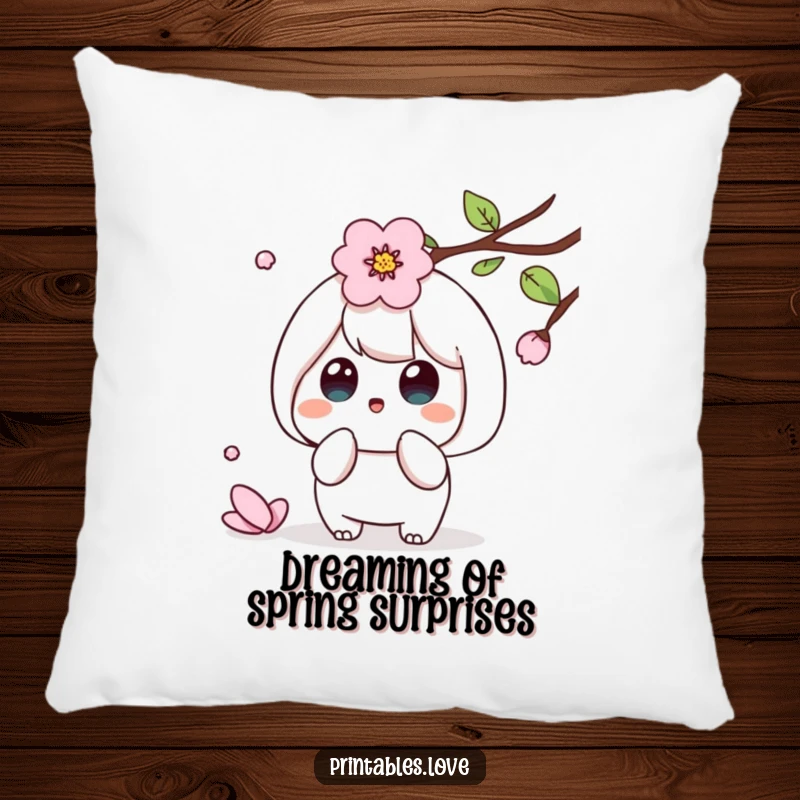 Funny Kawaii pillow showing a surprised character reacting to a falling cherry blossom petal, cute and comforting.
