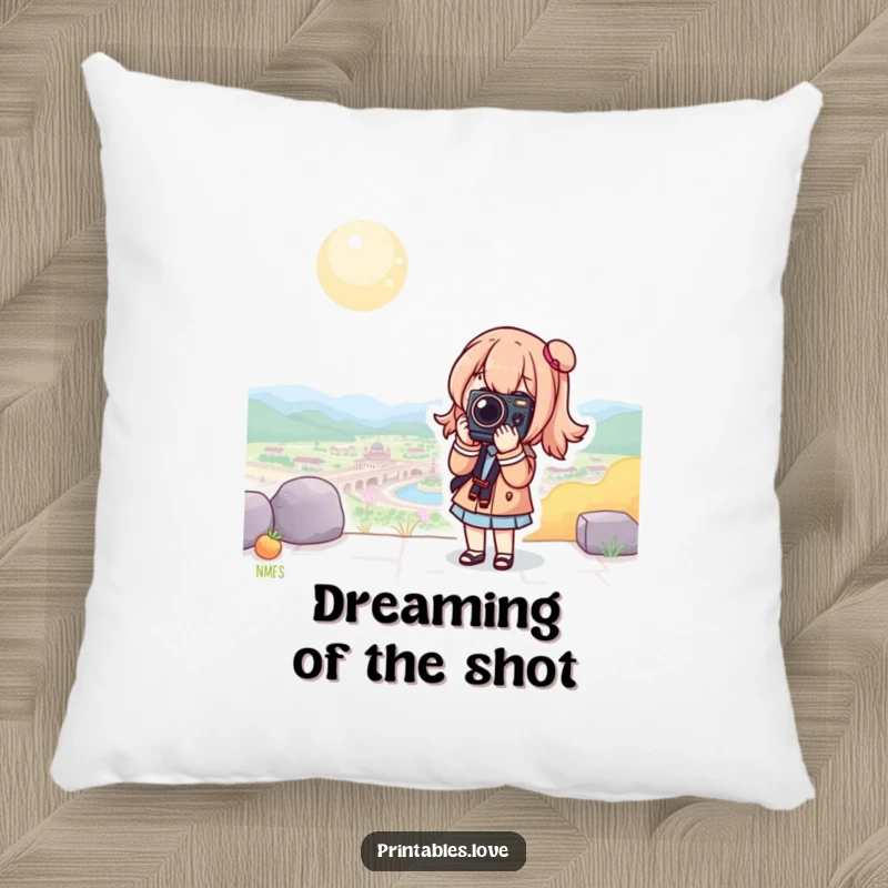 Funny Kawaii Camera Pillow: A plush pillow featuring a cute character posing with a camera in a scenic setting.