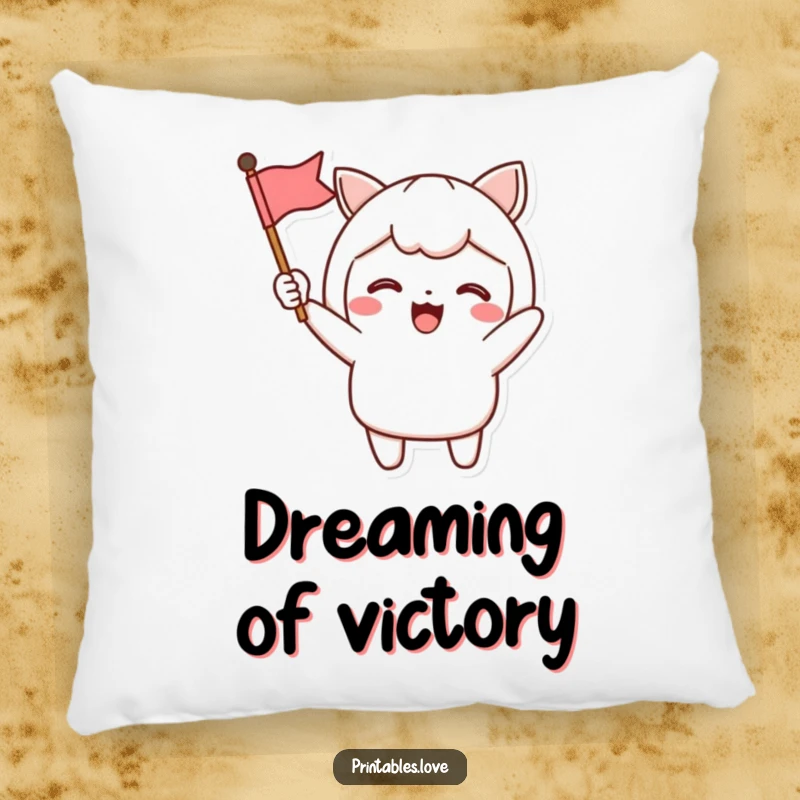 Funny Pillow featuring a Kawaii character excitedly waving a small flag, perfect for adding a touch of playful celebration to any room.