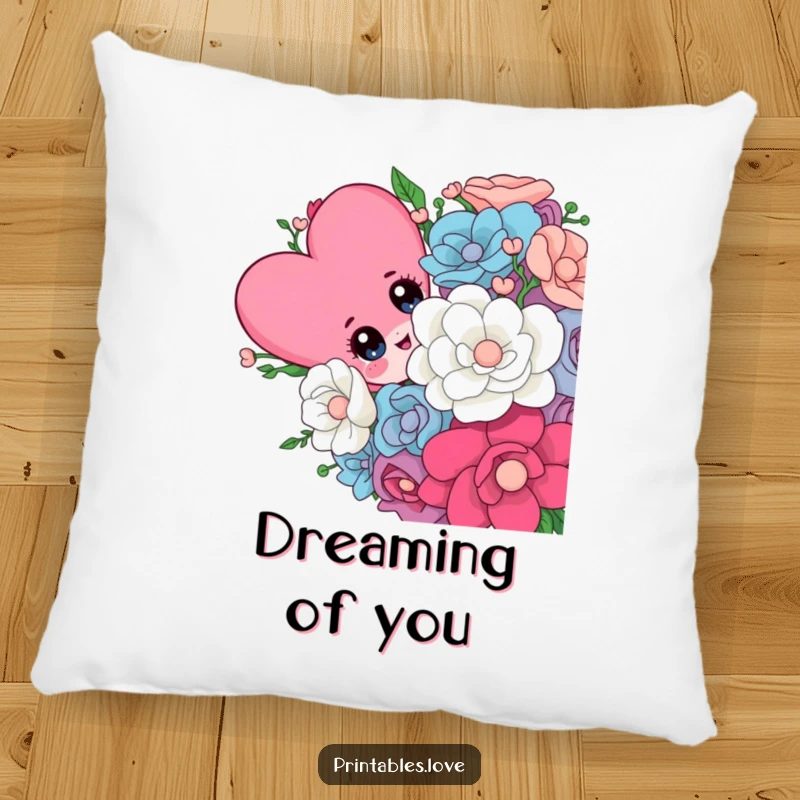 Funny pillow with a sweet heart character, eyes wide and playful, peeking from behind a huge, colorful bouquet of flowers.