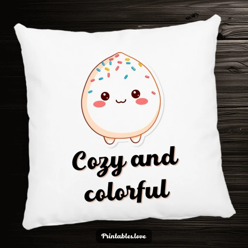Funny cheerful mochi character, generously covered in sprinkles, on a soft and comfy decorative pillow.