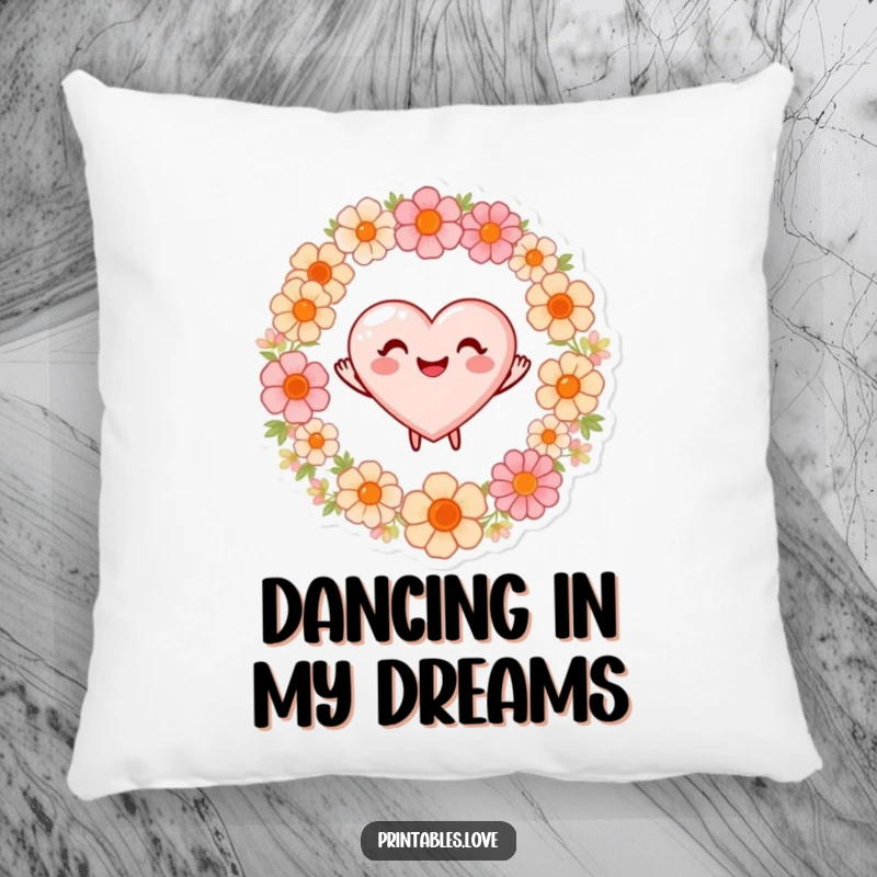 Funny pillow featuring an adorable heart with a beaming smile, dancing joyfully within a circle of lovely flowers.